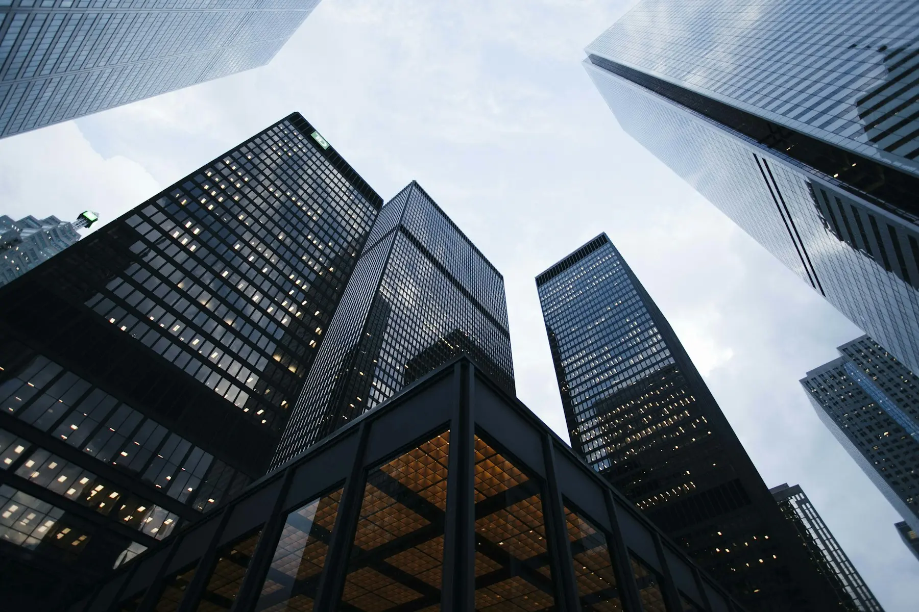 Glass office towers viewed from street level