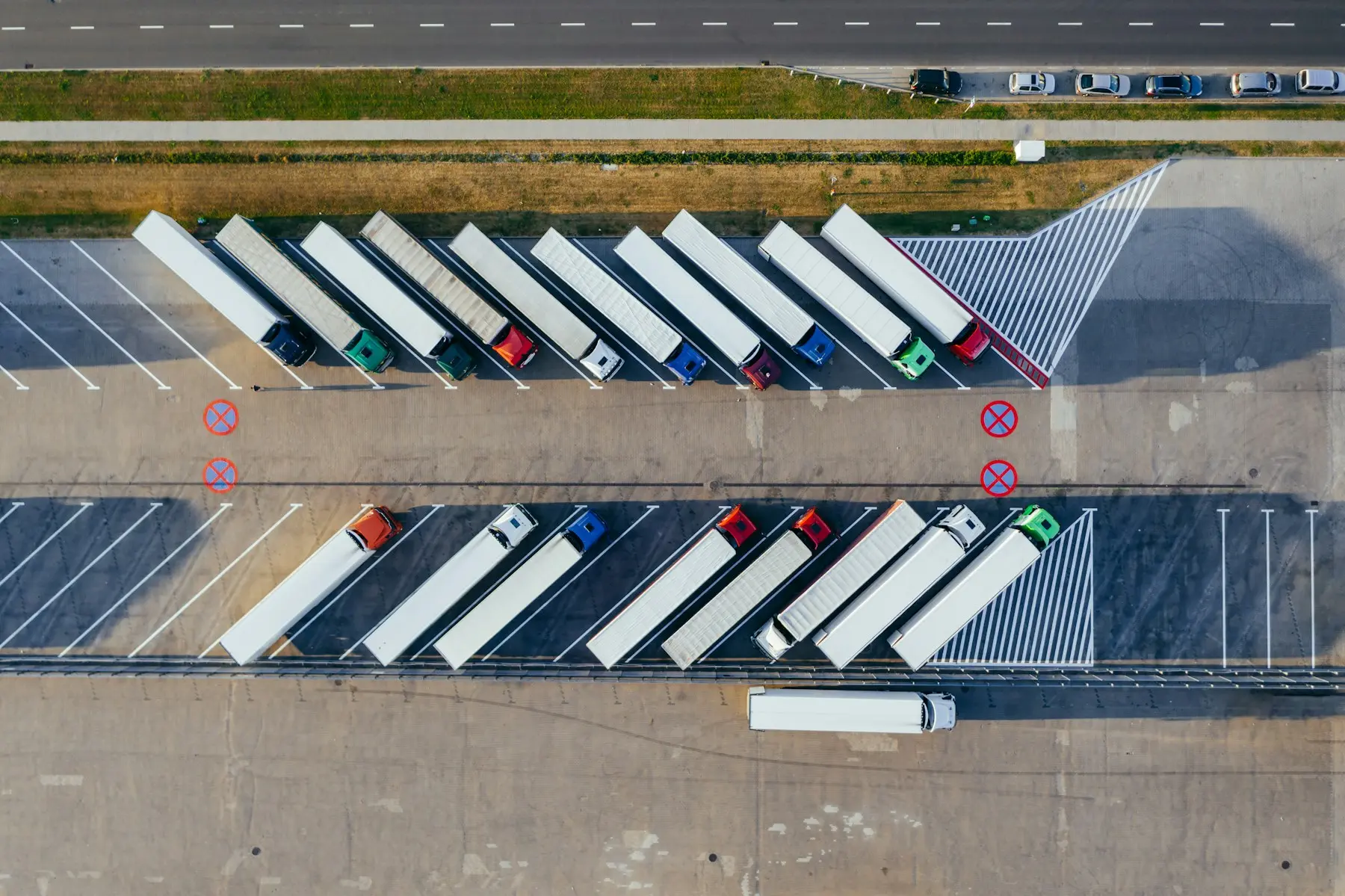 Aerial view of trucks at a distribution facility